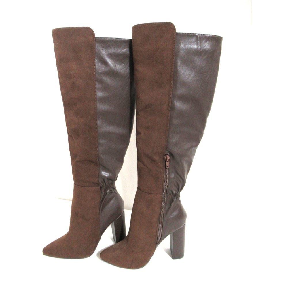 ShoeDazzle Tareena Size 37.5 (7.5) Brown Fauxe Leather/Suede Stacked Heel Boots - Picture 5 of 10